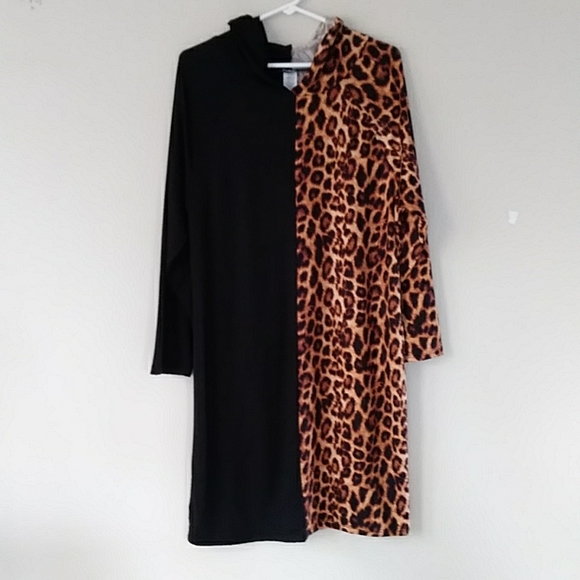 NWOT Arabella Color Block Leopard Print Hooded Dress 1X Black Brown - Picture 1 of 16